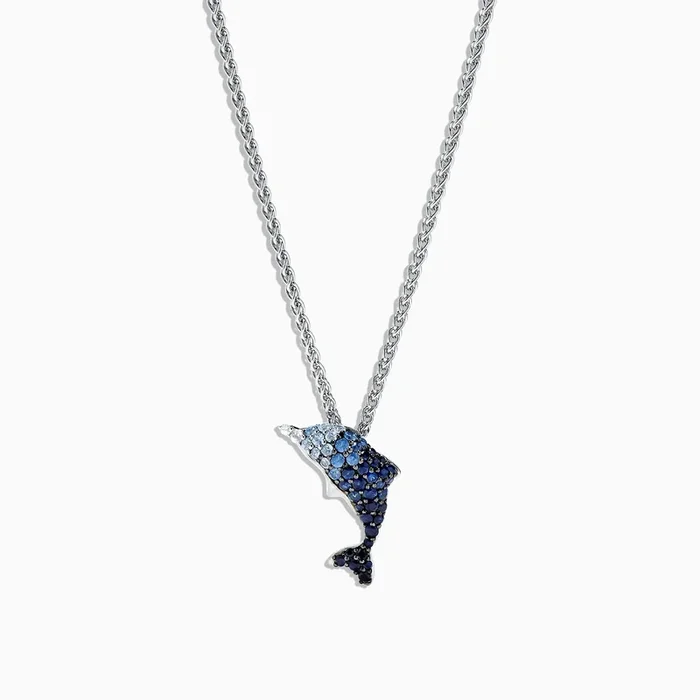 925 Sterling Silver Sapphire Splash Dolphin Pendant, 1.30 TCW