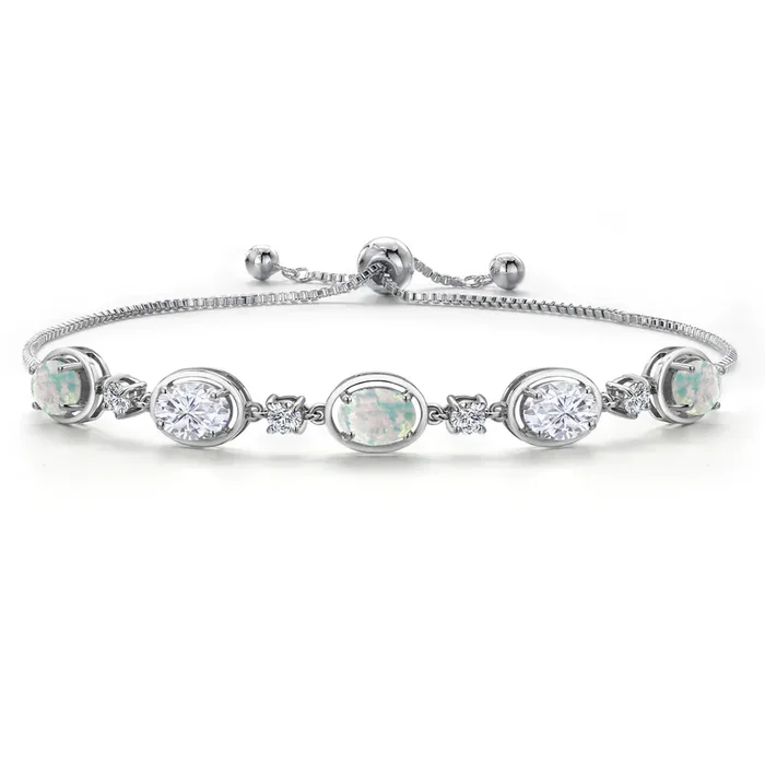 925 Sterling Silver Simulated White Opal and White Moissanite Bracelet For Women | 4.80 Cttw | Gemstone October Birthstone | Oval Cabochon 7X5MM | Fully Adjustable 10 Inch