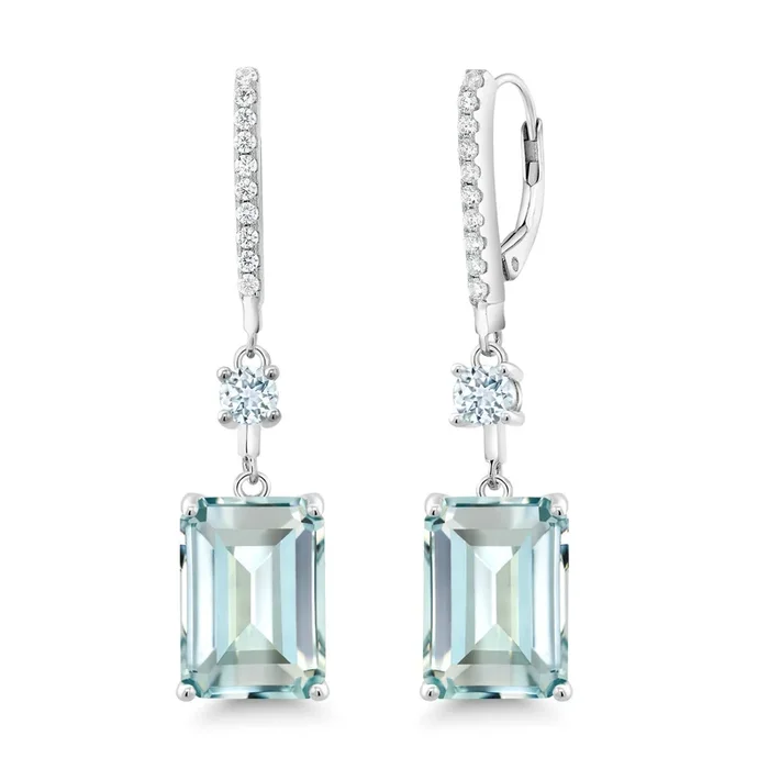 925 Sterling Silver Sky Blue Simulated Aquamarine Dangle Earrings For Women (14.08 Cttw, Emerald Cut 14X10MM)