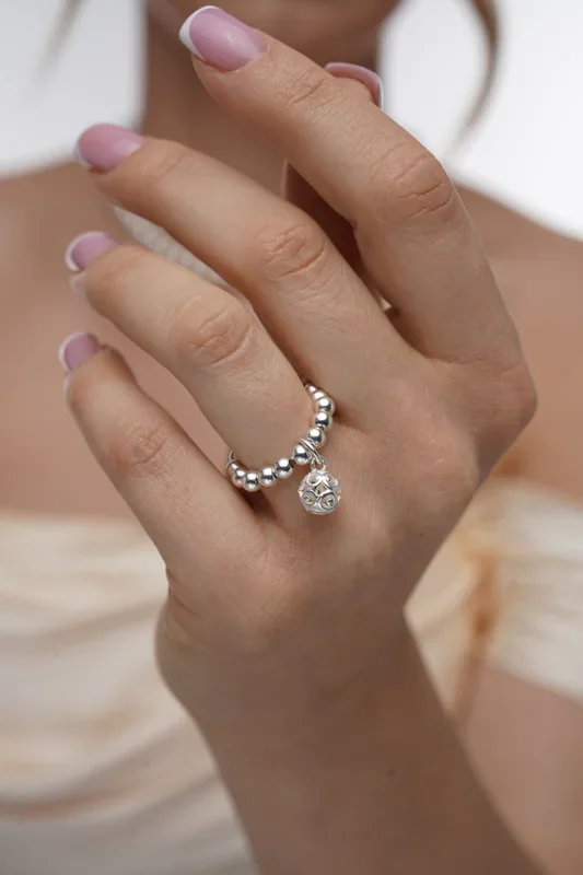 925 Sterling Silver Stretch Filigree Bead Charm Ring, Filigree Ring, Women’s Rings, Charm Rings