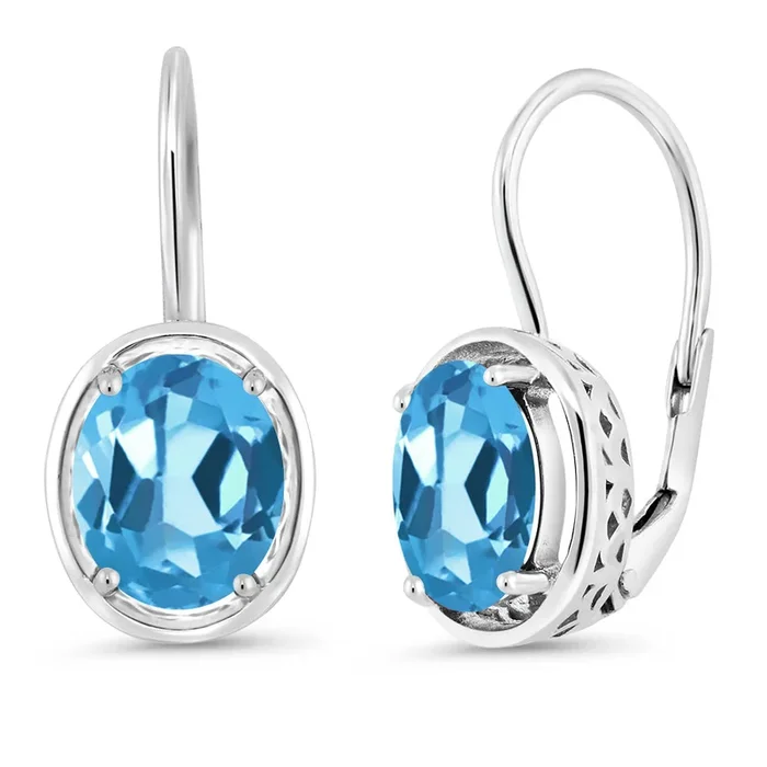 925 Sterling Silver Swiss Blue Topaz Dangle Earrings For Women (3.60 Cttw, Gemstone Birthstone, Oval 9X7MM)