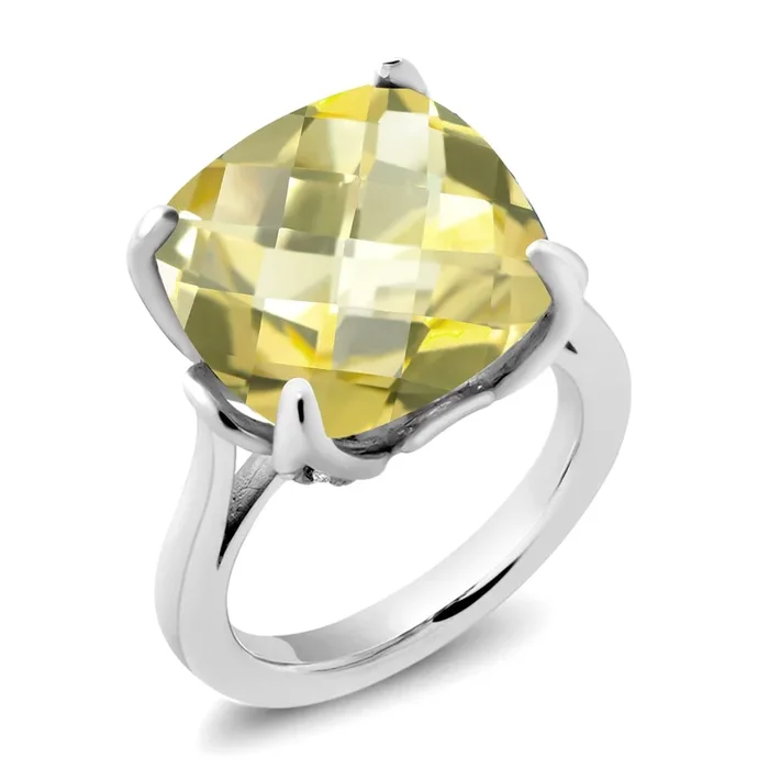 925 Sterling Silver Yellow Lemon Quartz and White Lab Grown Diamond Engagement Ring For Women (9.10 Cttw, 14MM Cushion Checkerboard, Available in Size 5,6,7,8,9)