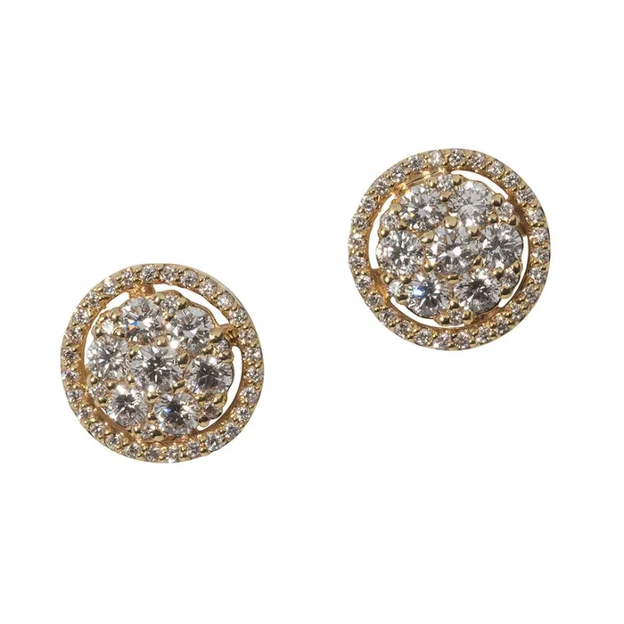 .95ctw Diamond Cluster Halo 14K Yellow Gold Stud Earrings