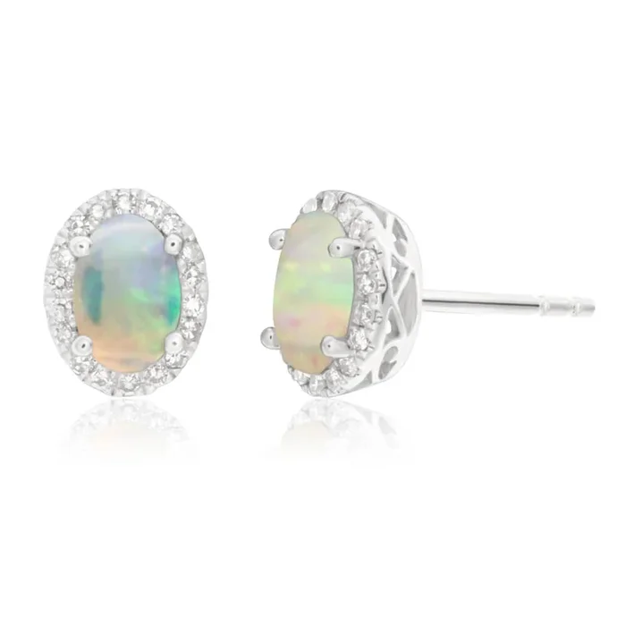 9ct White Gold 0.25ct Natural White Opal and Diamond Stud Earrings