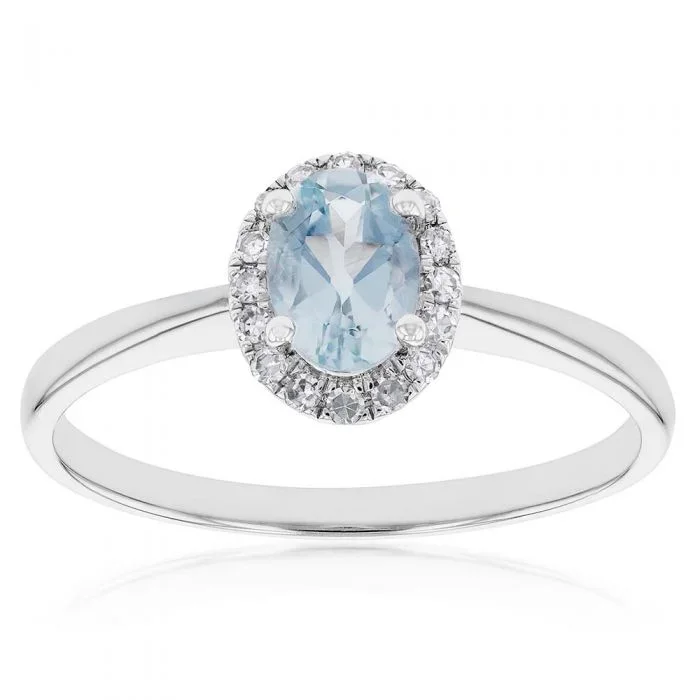 9ct White Gold Aquamarine and 0.10 Carat Diamond Ring