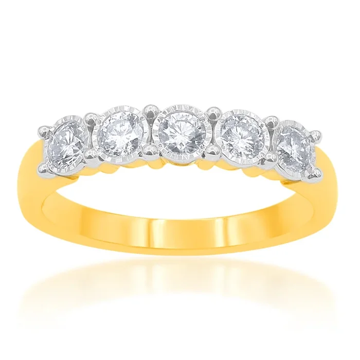9ct Yellow Gold 1/2 Carat Diamond Ring With 5 Brilliant Diamonds