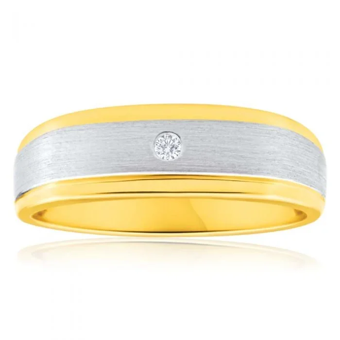 9ct Yellow Gold 1 Diamond Mens Ring with White Gold Rhodium