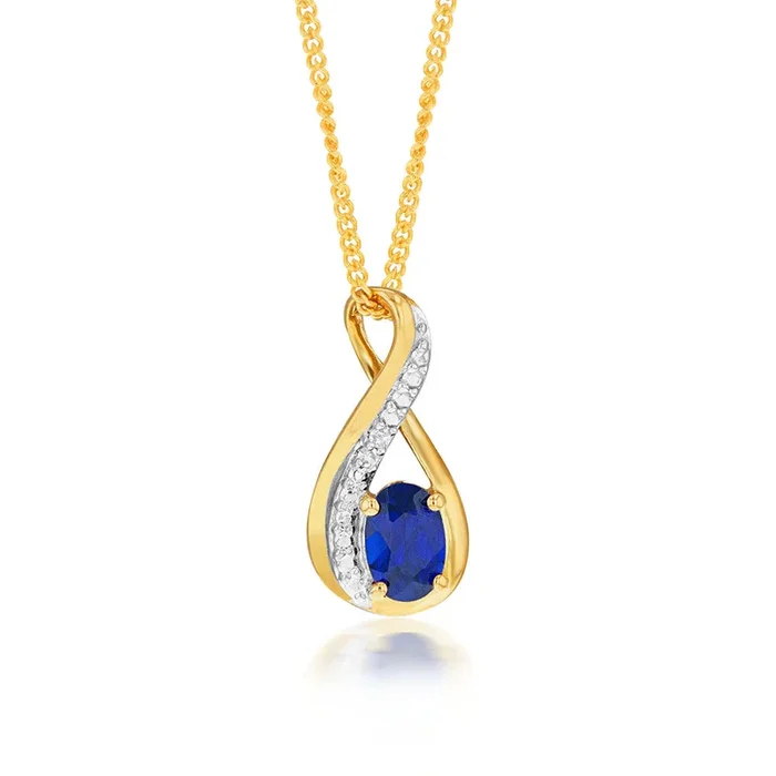 9ct Yellow Gold Created Sapphire & Diamond Pendant