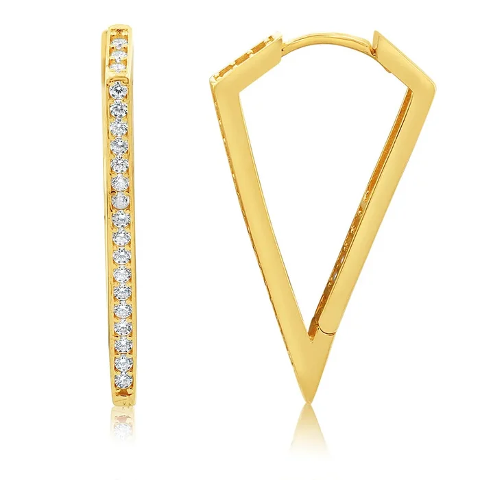 9ct Yellow Gold Cubic Zirconia On “V” Hoop Earrings