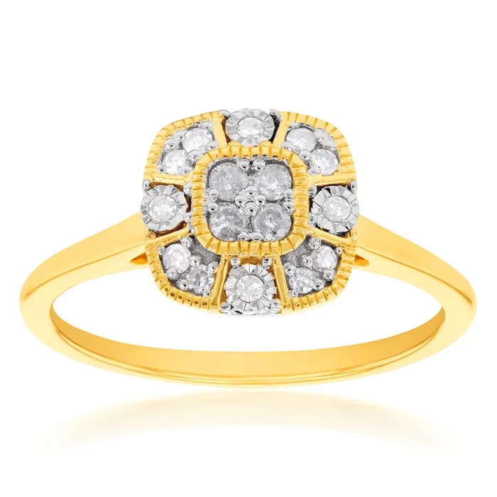 9ct Yellow Gold Cushion Shape Cluster Diamond Ring