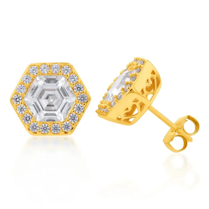 9ct Yellow Gold Hexagonal Cubic Zirconia Halo Stud Earrings