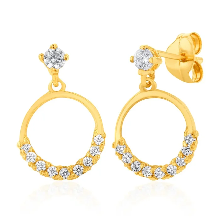 9ct Yellow Gold Zirconia Open Circle Drop Earrings