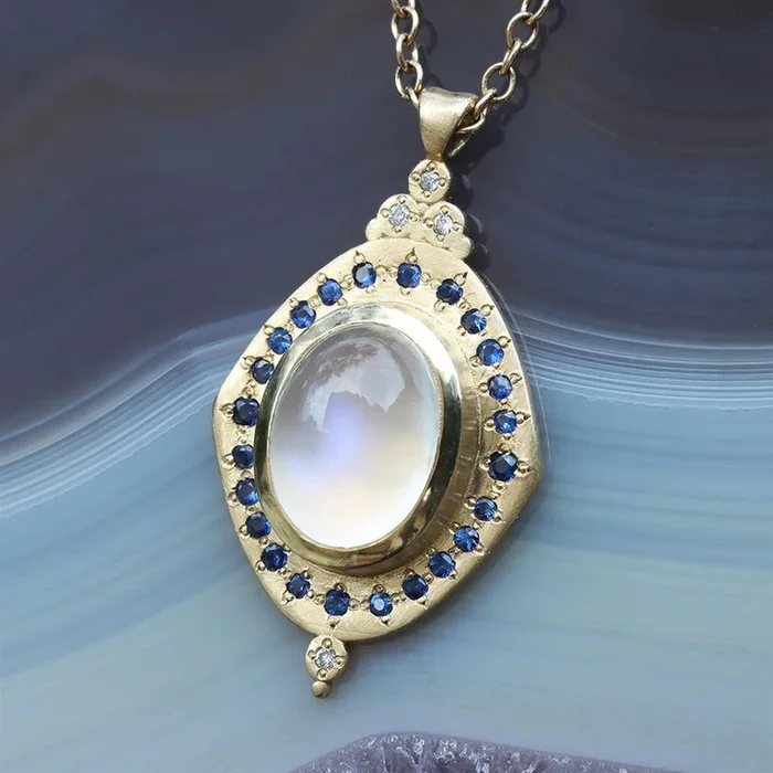 Adel Chefridi Moonstone & Sapphire Necklace in 18k Yellow Gold