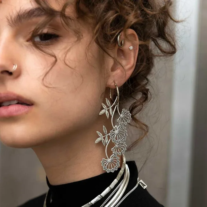 AELLA. Floral Drop Hoop Earrings – Silver