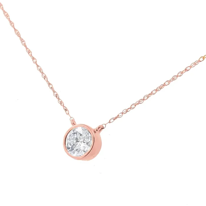 AGS Certified 10K Rose Gold 1/5 Cttw Bezel Set Round Diamond Solitaire 16-18″ Adjustable Pendant Necklace (H-I Color, VS1-VS2 Clarity)