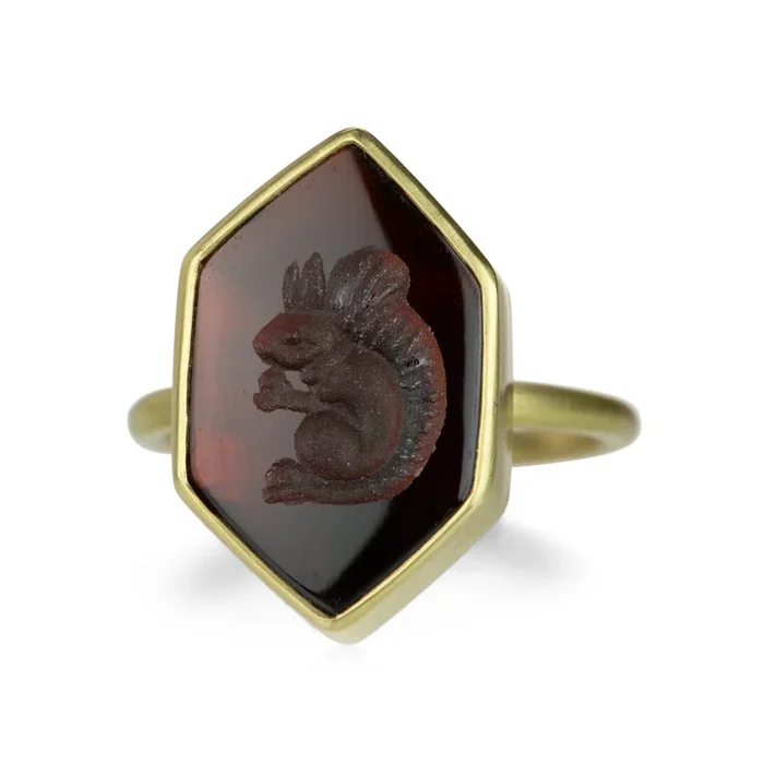 Almandine Garnet Squirrel Intaglio Ring