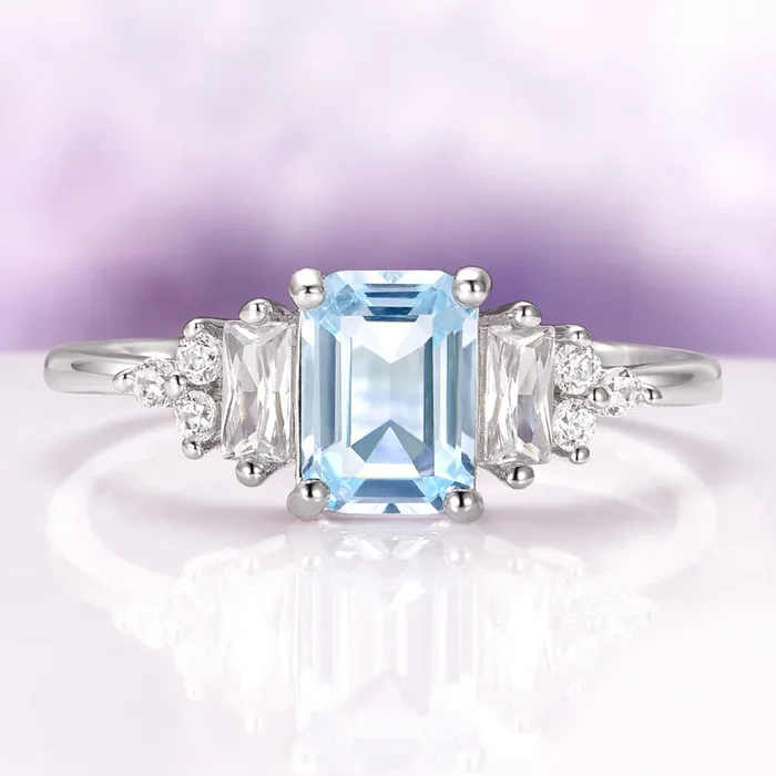 Amelia Emerald Cut Aquamarine Engagement Ring in Sterling Silver
