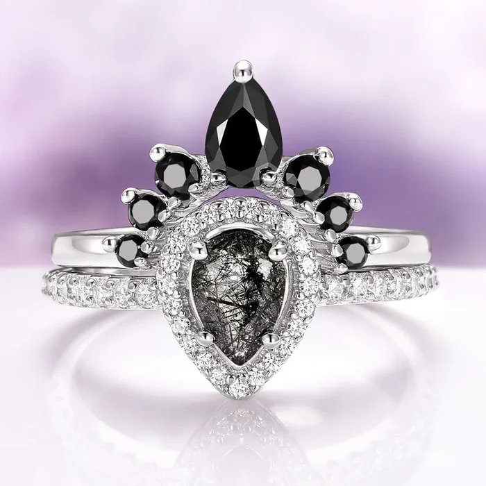 Amy Rutilated Quartz & Black Moissanite Engagement Ring Set in 14K White Gold