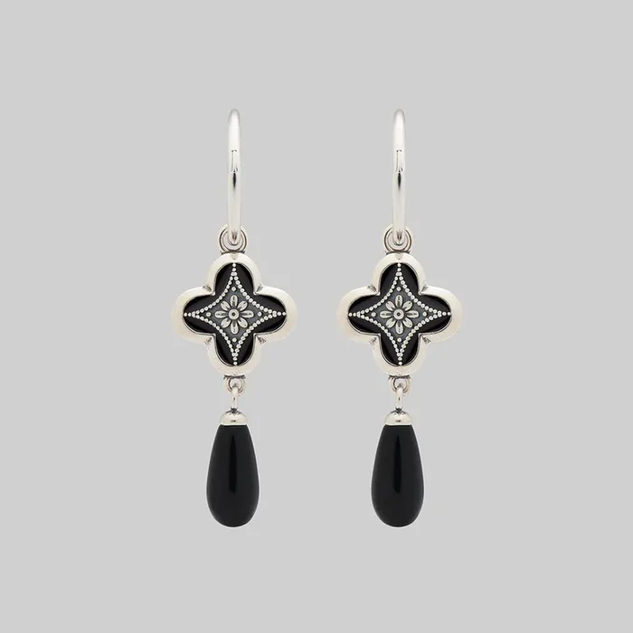 ANNIE. Tudor Crest Black Enamel Hoop Earrings – Silver