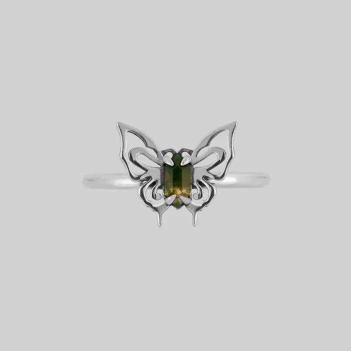 ANTHEIA. Moss Agate Butterfly Ring – Silver