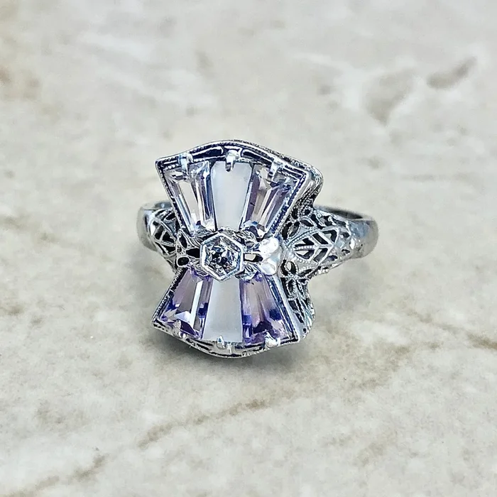 Antique Art Deco 14 Karat White Gold Amethyst, Quartz & Diamond Filigree Ring
