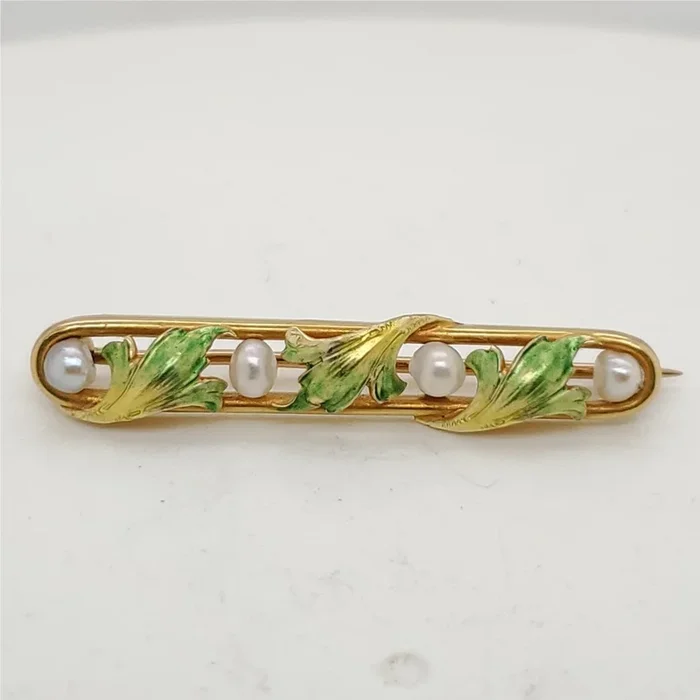 Antique Art Nouveau 14Kt Yellow Gold And Seed Pearl Enamel Brooch
