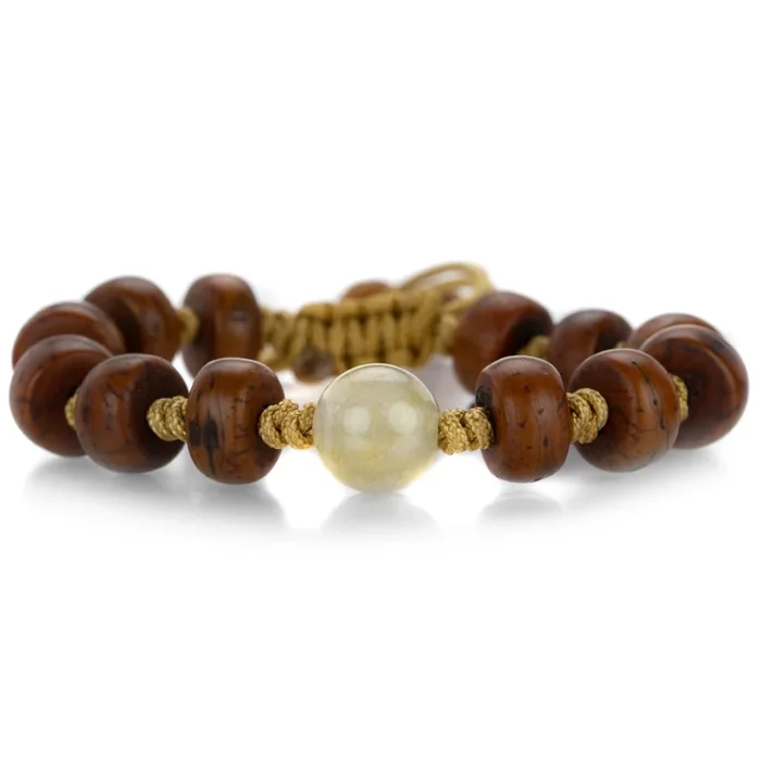Antique Bodhi Seed Bead Bracelet with Gold Quartz