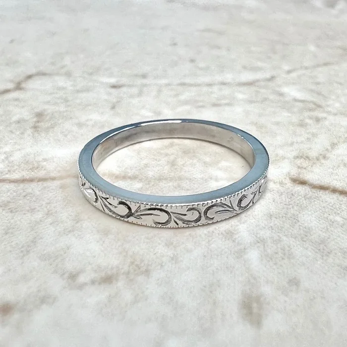 Antique Edwardian Engraved 14 Karat White Gold Wedding Band Ring