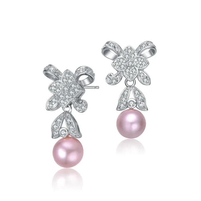 Antoinette Bow and Flower Pink Earrings