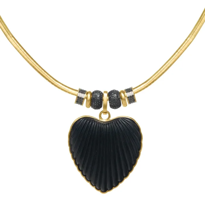 Antonia Fluted Ebony Oversized Heart Necklace with Beads on Choker