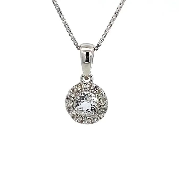 April Birthstone Pendant: Sterling Silver White Topaz Halo Pendant Necklace