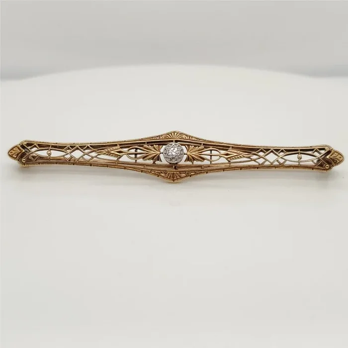 Art Deco 14kt Yellow Gold Filigree Diamond Brooch