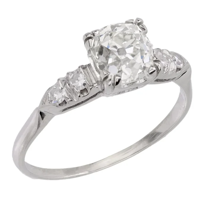 Art Deco GIA 1.58 carat old mine cut diamond 14k white gold engagement ring