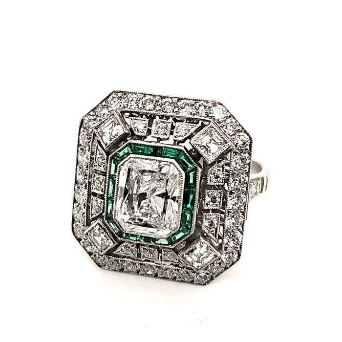 Art Deco Inspired Platinum and Diamond 1.58 Carat Radiant Cut Diamond Ring
