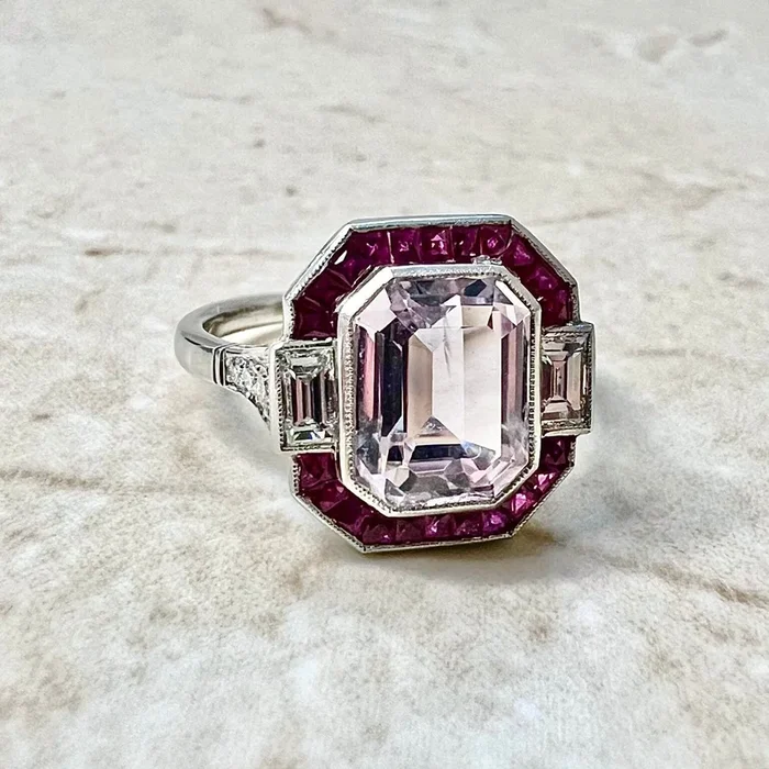 Art Deco Style Handcrafted Platinum 4 Carats Kunzite, Ruby & Diamond Halo Ring
