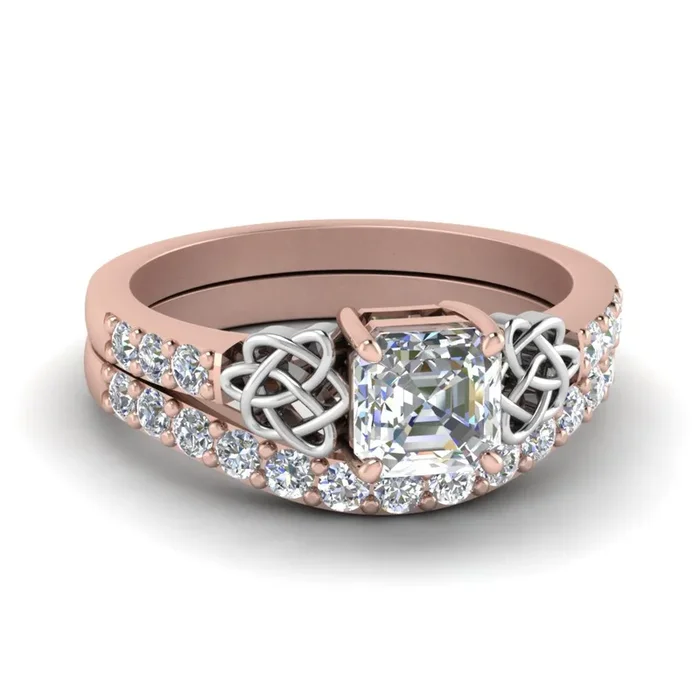 Asscher Cut Two Tone Celtic Wedding Ring Set