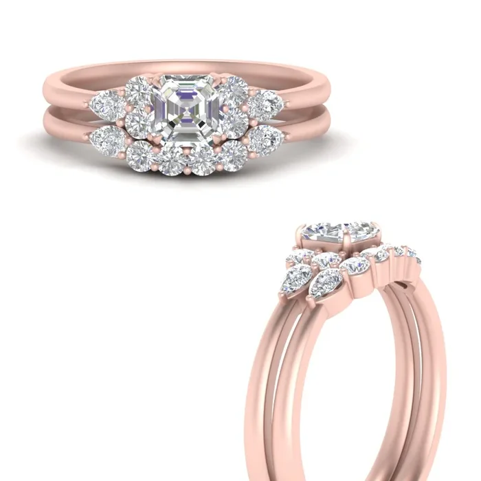 Asscher Diamond Cluster Accent Wedding Ring Set