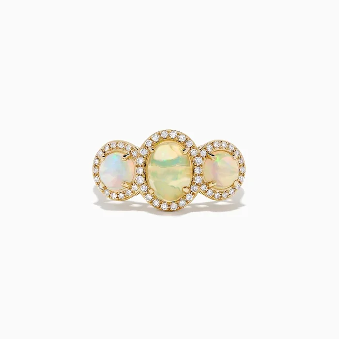 Aurora 14K Yellow Gold Three Stone Opal and Diamond Ring, 2.39 TCW