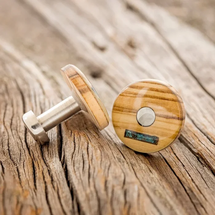 AUTHENTIC BETHLEHEM OLIVE WOOD CUFFLINKS WITH PATINA COPPER INLAYS
