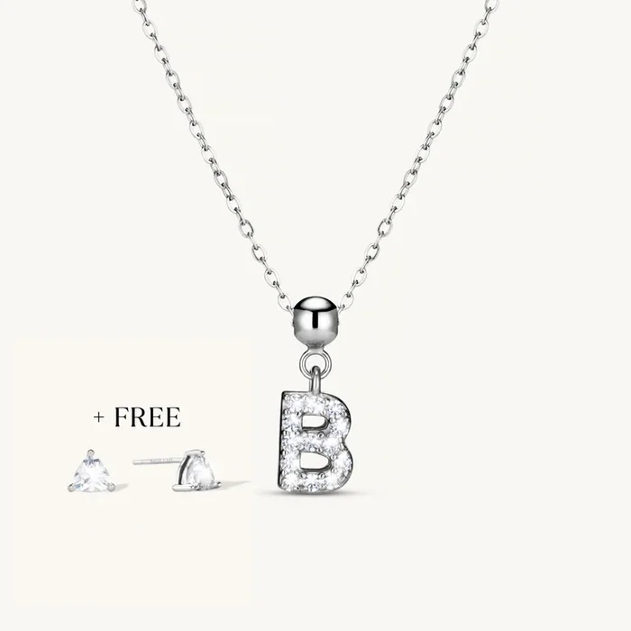 B Diamond Initial Charm Necklace + FREE Diamond Trio Studs Silver