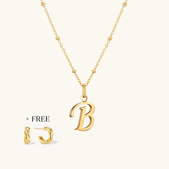 B Script Initial Necklace + FREE Allure Hoops Gold