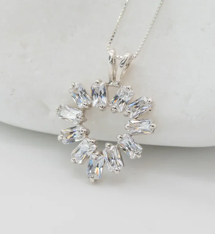 Baguette Diamond Heart Pendant in Silver