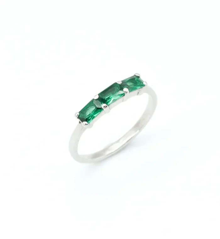 Baguette Emerald Ring, Trilogy Emerald Band, Silver Emerald Ring