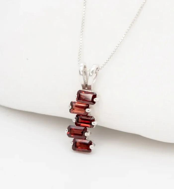 Baguette Garnet Silver Pendant in Staggered Pattern