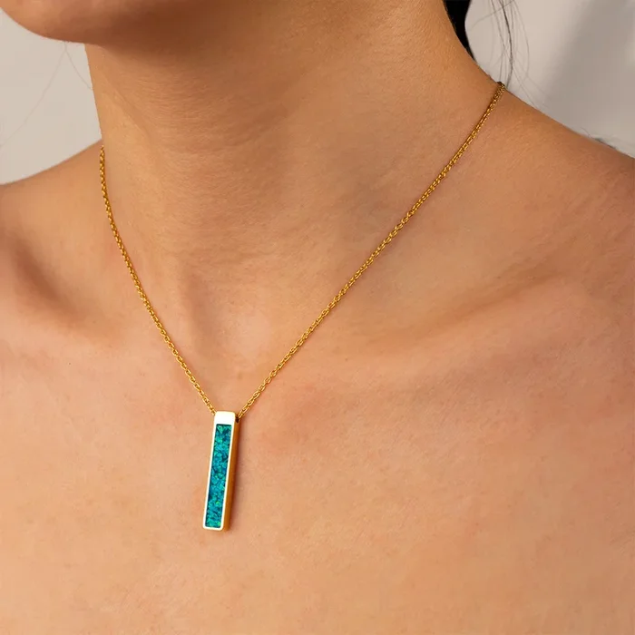 Bahama Blue Opal Glowstone Bar Pendant Necklace