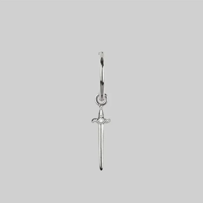 BETRAYAL. Cubic Zirconia Dagger Hoop Earrings – Silver