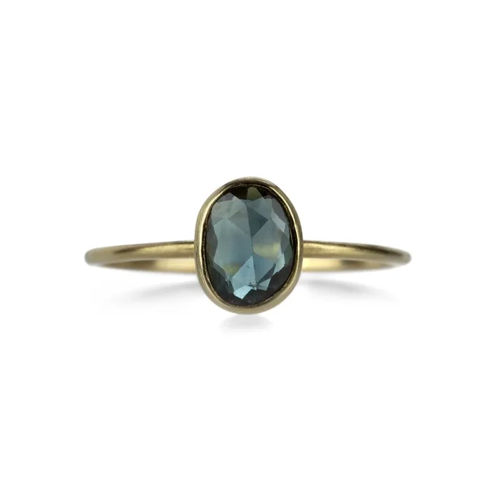 Bezel Set Faceted Blue Green Sapphire Ring