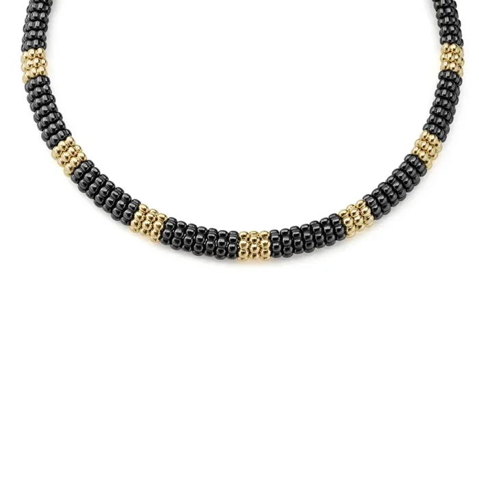 Black Caviar 18K Gold Small Station Ceramic Beaded Necklace | 9mm (studio)