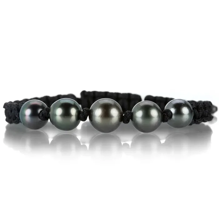 Black Macrame Bracelet with 5 Gray Tahitian Pearls