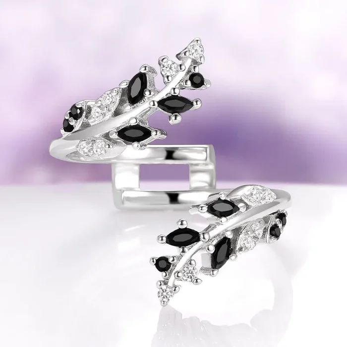 Black Moissanite Leaf Ring Guard in 14K White Gold